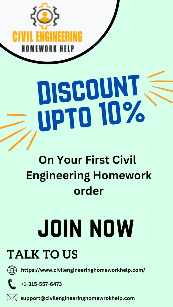 civilenghwhelp's tweet image. Struggling with civil engineering homework? Look no further than bit.ly/41KQfc5! Get professional help at an affordable price and enjoy a 10% discount on your first order.
#civilengineeringhomeworkhelp #HomeworkHelp #Discount #Education #experthelp