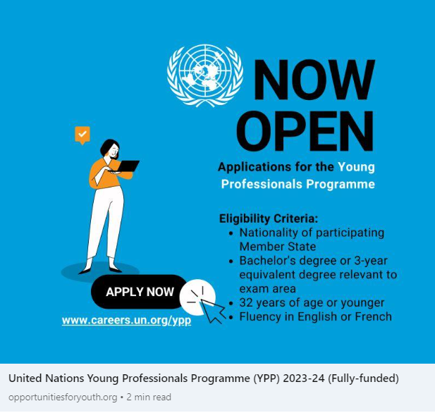 opportunitiesfy's tweet photo. π£Attention all young, talented professionals! The UN Young Professionals Programme (YPP) application period is now open! Don't miss this opportunity - apply before 29 June 2023. https://t.co/hkjlrF1CsM #UNYPP #CareerOpportunity #GlobalImpact #MakeADifference #WorkForUN https://t.co/qAX6GstlhM