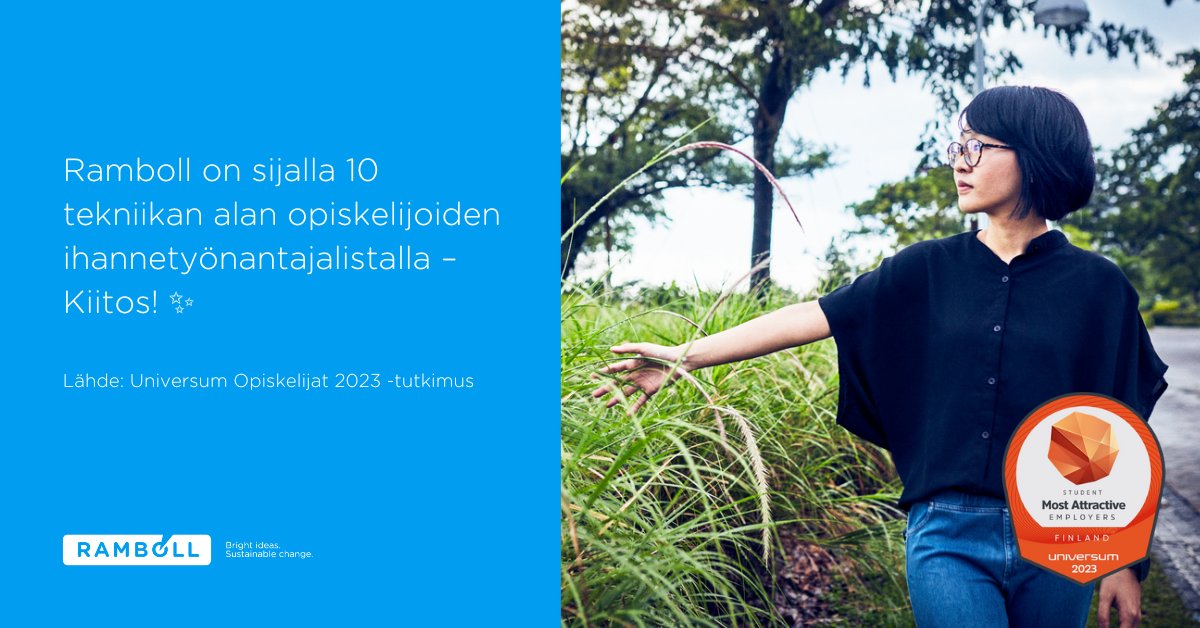 ramboll_fi's tweet photo. Opiskelijat ovat jälleen rankanneet työnantajat houkuttelevuuden mukaan Universumin tutkimuksessa. Ramboll on tänä vuonna sijalla 10 Suomen tekniikan alan opiskelijoiden ihannetyönantajalistalla. Kiitos kaikille vastanneille! #rambollaiset #universumglobal #invitingbrightminds https://t.co/yY4Zu4dop5