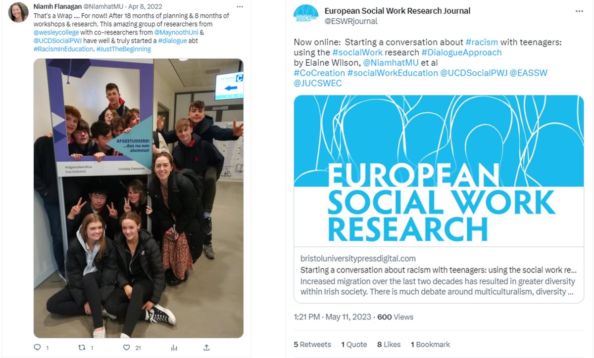 NiamhatMU's tweet photo. Coproduced research on starting a conversation about racism with teenagers. #OPENACCESS article @ESWR_jrnal https://t.co/CIJjoBHVFq
2021 Workshops
2022 Students Present @ #ECSWR
2023 Publication
2024 The conversation continues
👏 @Wesleycollege #TakingTheLead
🙌@elainemrwilson https://t.co/PQsKkYRAww