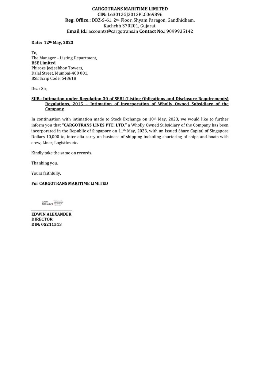 VPickr's tweet photo. #CARGOTRANS #ACQUISITION 📢 | Cargotrans Maritime
In Continuation With Intimation Made To Stock Exchange On 10Th May, 2023, We Would Like To Further I
https://t.co/JuBcGtiv05 https://t.co/xGYoRImdi2