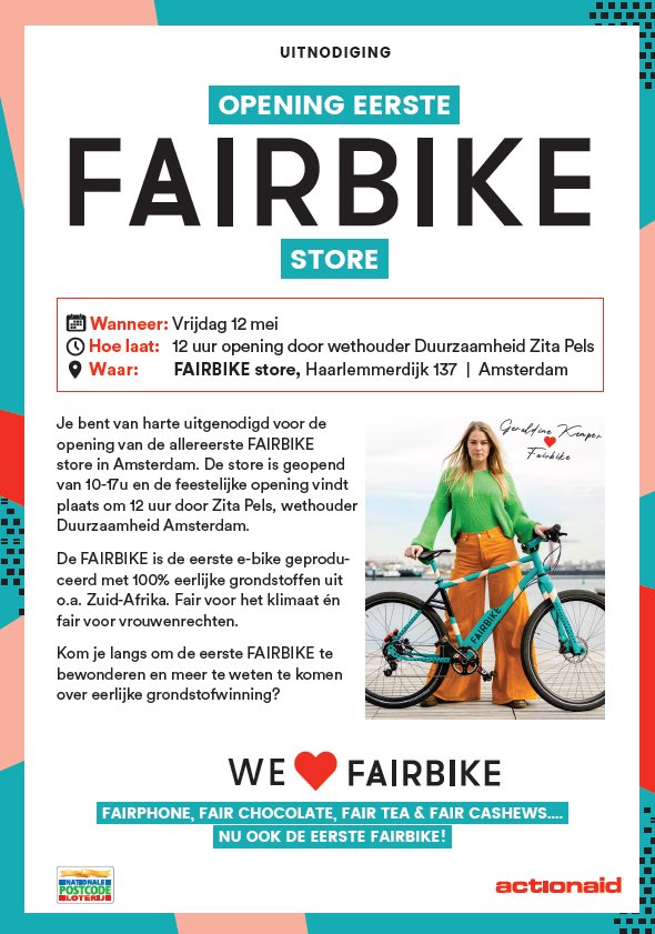 Vandaag opent de eerste FAIRBIKE store, een e-bike die fair is voor het klimaat én voor vrouwenrechten🙌 
In de store is een prototype van de FAIRBIKE te zien en leer je meer over het verhaal achter deze e-bike. Kom langs! Of lees meer op actionaid.nl/2023/05/12/ond…