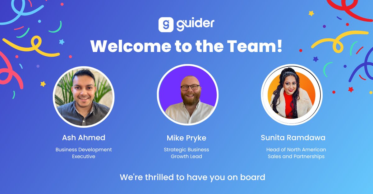 It’s been a busy month here at Guider and we’re excited to announce 3 new hires to the team… *Drum roll* 🥁🥁🥁

Please give a warm welcome to Ash, Sunita and Mike 🙌

We’re thrilled to have you joining team Guider! 

#Welcome #Guider #NewStarters