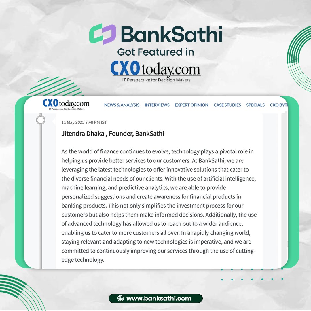 On National Technology Day, Banksathi empowered people with financial literacy and generated employment🙌

Banksathi CEO @jitendra_dhaka1 was recognised by @CXOtodayAlerts and @TheHansIndiaWeb for transforming the Indian economy with tech-driven solutions.

#featured #banksathi