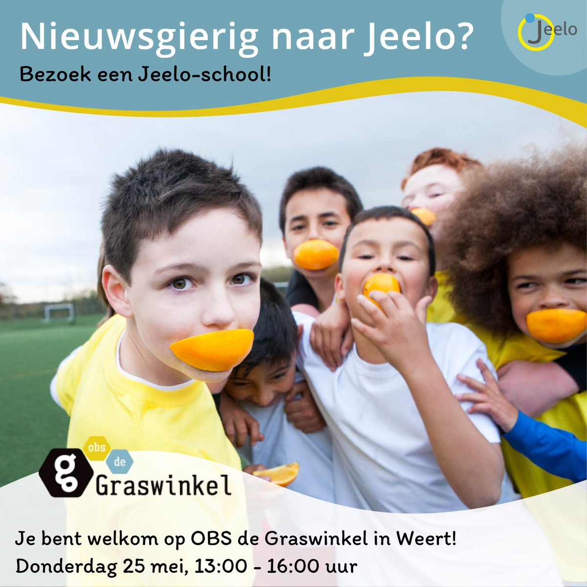 Wil je Jeelo in de praktijk zien? Werken met schoolbrede projecten van groep 1 t/m 8?  Ervaringen van scholen horen? Kom dan eens op bezoek bij een Jeelo-school! Bijvoorbeeld op 25 mei bij de Graswinkel in Weert.  Schrijf je hier in: jeelo.nl/doe-mee/