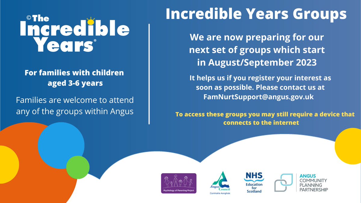 Are you a parent/carer with children (between 3 &amp; 6) looking for somewhere to meet up with other families? Why not join our Incredible Years Group? Email FamNurtSupport@angus.gov.uk to sign up.

Check our website to see what else is available orlo.uk/komLG