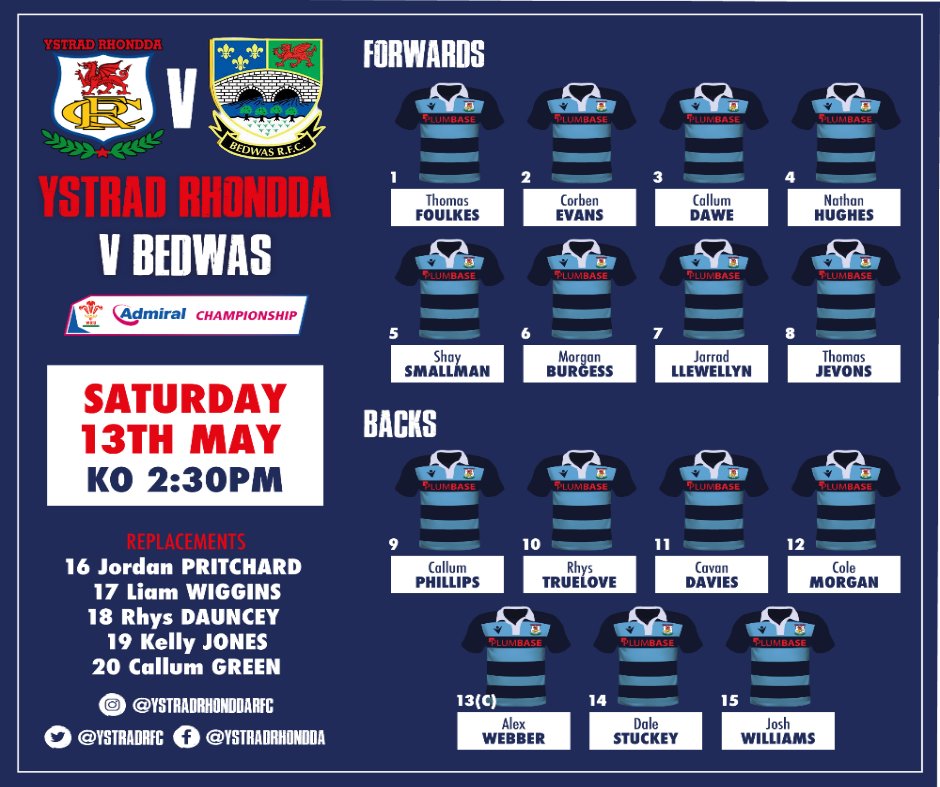 ‼️ TEAM NEWS ‼️

🏉 <a href="/bedwasrfc/">Bedwas RFC</a> v <a href="/YstradRFC/">YSTRAD RHONDDA RFC</a>

🏆 @ADMIRALCHAMPONSHIP

📅 13/5/23

⏰ 2.30 P.m. Kick Off 

🏟 The Bridgefeild, CF83 8DZ 

#ShowYourSupport #COTY 
💙🏉 💙 🏉