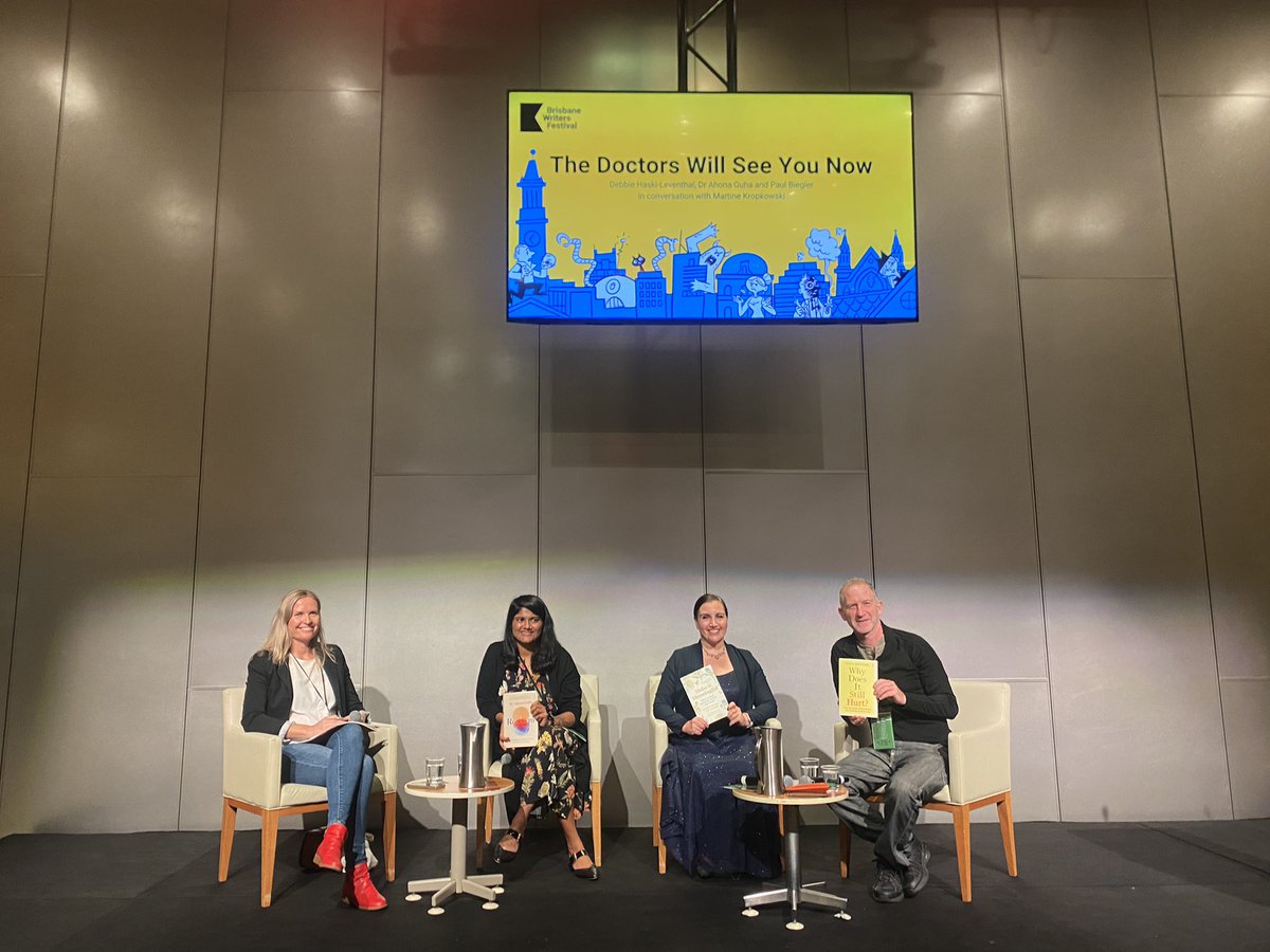 ‘The Doctors Will See You Now’ session <a href="/BrisWritersFest/">Brisbane Writers Festival</a> @Martine_Krop speaking to @drahonaguha <a href="/DebbieHaski/">Debbie Haski-Leventhal</a> <a href="/pbiegler/">Paul Biegler</a> #BWF23