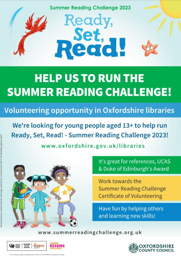 Oxfordshire Libraries are offering volunteering opportunities for young people aged 13+ to help make this year’s Summer Reading Challenge, “Ready, Set, Read!” a success. Get involved!