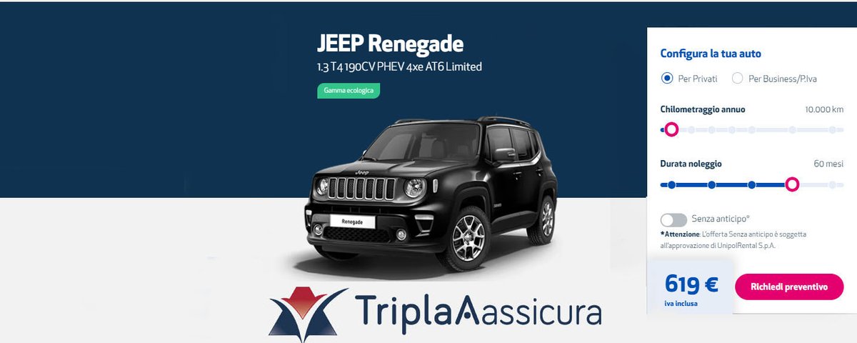 📷 JEEP RENEGADE 1.3 T4 190CV PHEV 4xe AT6 Limited : 60 mesi – 10.000 Km anno 619 € iva inclusa (Anticipo 0)
FORMULA TUTTO INCLUSO
📷ASSICURAZIONE
📷MANUTENZIONE
📷TAGLIANDO E CONTROLLI
📷CAMBIO GOMME
📷ASSISTENZA STRADALE
Contattaci per saperne di più...#noleggiolungotermine