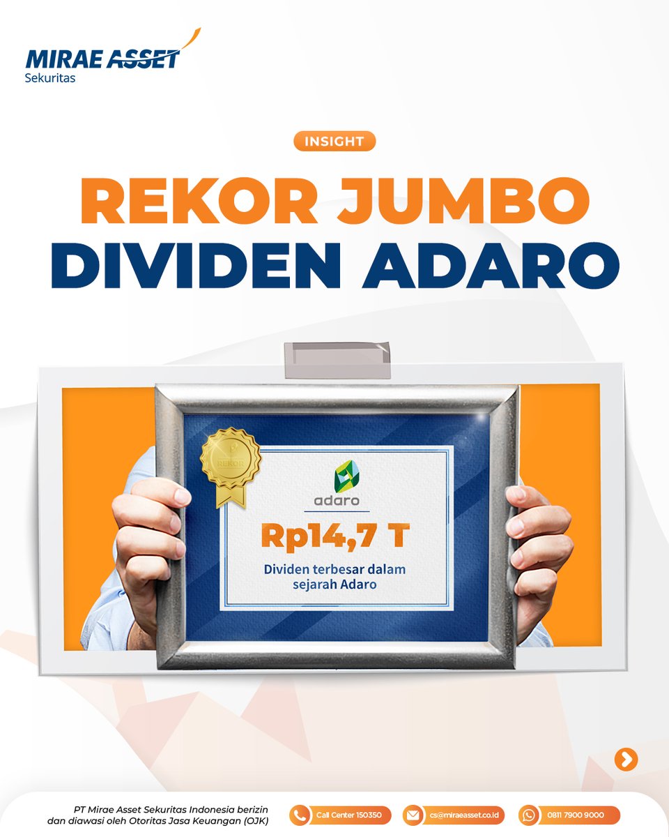 MiraeAssetID's tweet image. Ngomongin dividen, emiten satu ini emang ngga kaleng-kaleng. Tahun 2022 aja, ada 1 juta dollar dividen atau setara Rp14 triliun yang dibagikan ke para pemegang sahamnya!
‌
Kamu sempat kecipratan jajan dari Adaro nggak?
‌
#Insight
#ADRO
#AdaroEnergy