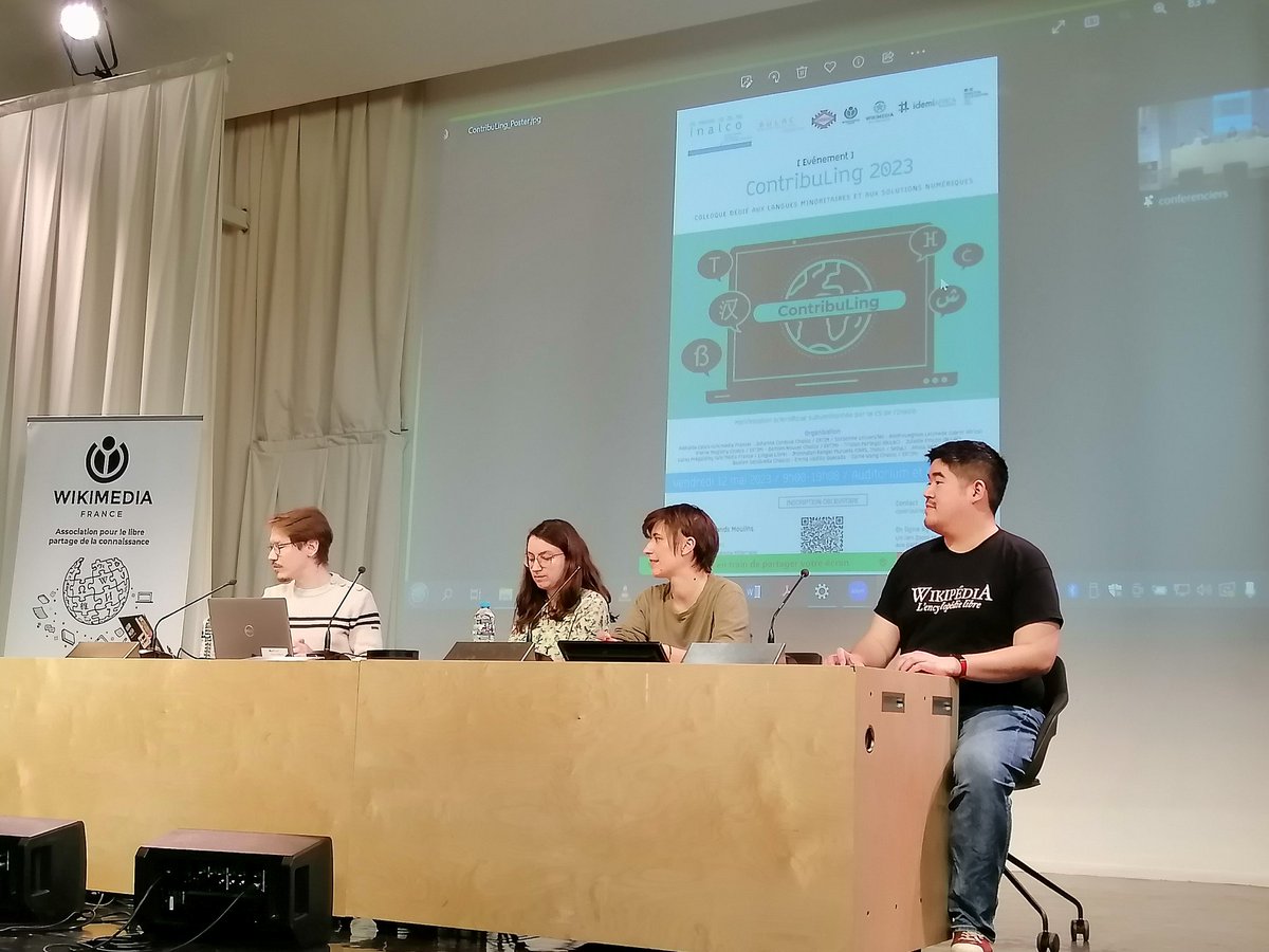 nonhouegnon's tweet image. La 1ère table ronde du #ContribuLing 2023 modérée par @A_Tsioh avec
-Lucie de @languesFR qui présente le projet @EcouterP,  le laboratoire mobile des langues de #France,
-Alice Millour pour The game of Lost words, jeu d&apos;apprentissage
- et Antoine de @Wikimedia_Fr

#MaLangueCompte