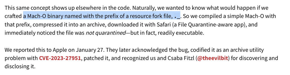 bintelbot's tweet photo. patrickwardle: Great research &amp; writeup by @PartyD0lphin 

Looks like you could fully bypass Gatekeeper by simply  prefixing a Mach-O binary (within an archive) with  "._" 😅🤦🏻‍♂️

Now fixed as CVE-2023-27951 🙌🏽 https://t.co/wsCYd5J3yN https://t.co/guc94YFI2O