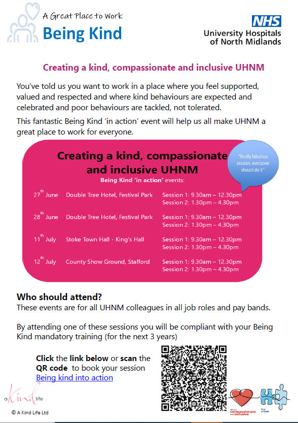 Really pleased to announce our UHNM 'Being Kind' events taking place in June and July  with an excellent speaker Tim Keogh.   It would be great to see colleagues from across the organisation @UHNM_NHS @TracyBullock12 @mjvlewis @AnnMarieRiley10 @timmkeogh