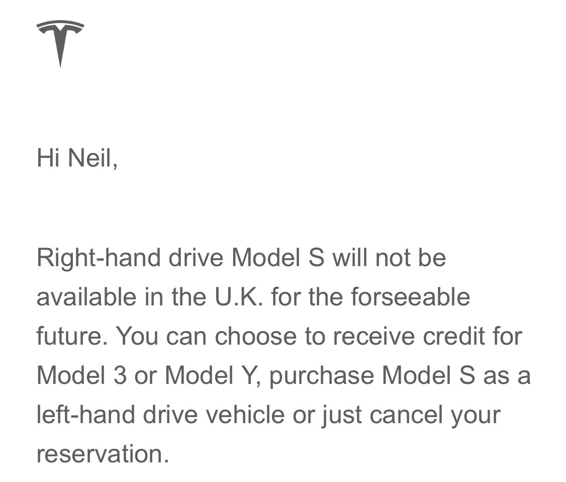 neilevince's tweet photo. After transitioning from a Tesla Model S to a Model 3, realised I needed the MS boot space back. Placed a Model S order 18 months ago and received this today, very disappointing @Tesla #Tesla #TeslaModelS https://t.co/EYuQeCm7GJ