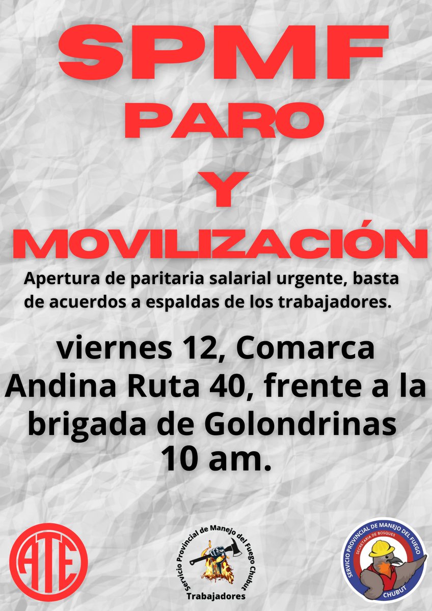 Queremos paritaria salarial urgente!
#Spmf #chubutparitarias #arcioni #comarcaandina #brigadistasenlucha