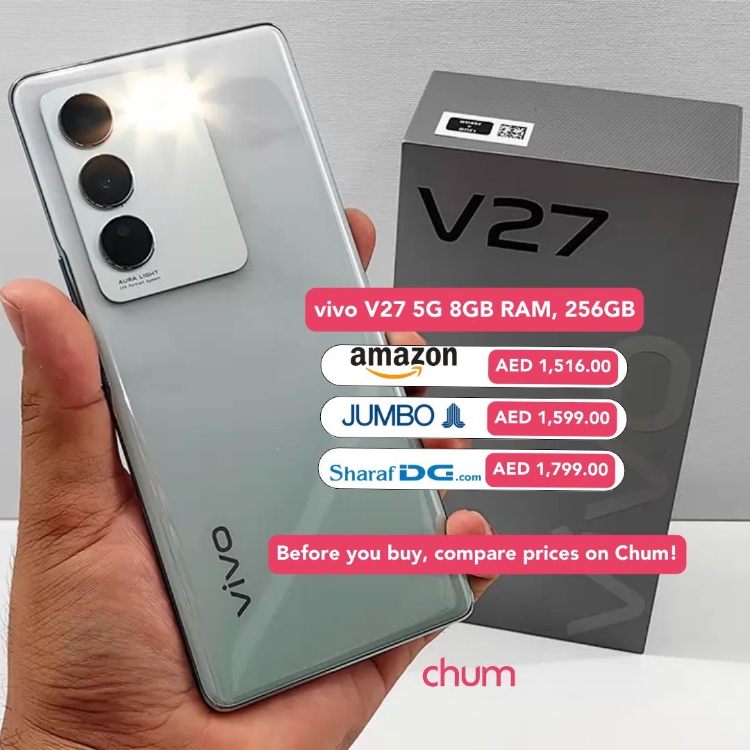 saveonchum's tweet photo. Captivating performance meets stunning design. Say hello to Vivo V27, your perfect companion. Compare prices on Chum and get the best deal! 

@AmazonAE @SharafDG @JumboWorld 
#VivoV27 #TechElegance #Chum #PriceComparison #dubai #uae #amazon #sharafdg https://t.co/jei8JuGx16