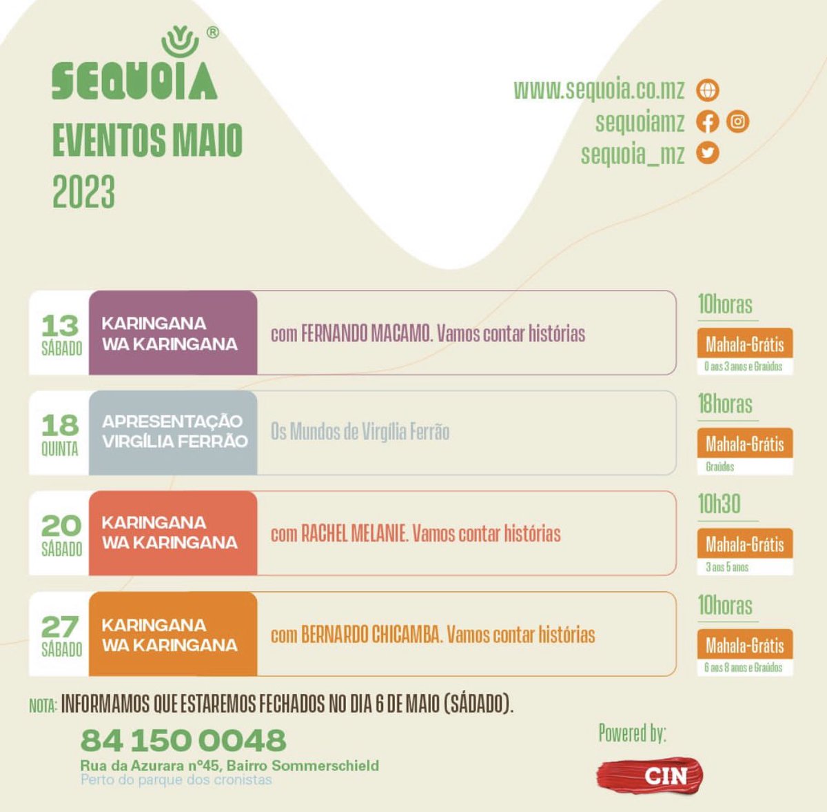 sequoia_mz's tweet photo. Os nossos eventos para Maio 📚📚 https://t.co/8Wf7jPX23r