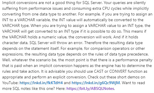 A_Bansal's tweet photo. SQL Server Notes by AB | Note #28 | Implicit Conversion | 12 May, 2023 | #ABSQLNotes
Demo URL: https://t.co/fJbJMpJAK1 and https://t.co/KAphK6UJ2r.

Want more Notes? Here: https://t.co/nPZ1oEvT9w https://t.co/EIFjgyLTUd