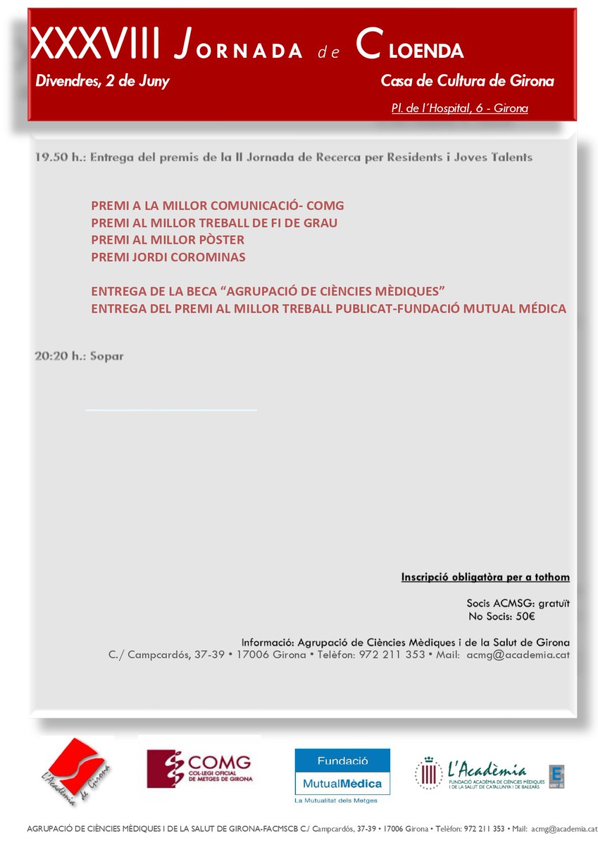 L' <a href="/ACMSGirona/">ACMSG</a> organitza el proper 2 de juny a les 18:00h, la XXXVIII Jornada de Cloenda. L'acte que es durà a terme a la <a href="/casadeculturagi/">Casa Cultura Girona</a> tindrà com a tema central la recerca biomèdica i l'aplicació de la IA. Comptarà amb investigadors de l'IDIBGI com a ponents. #GironaInvestiga
