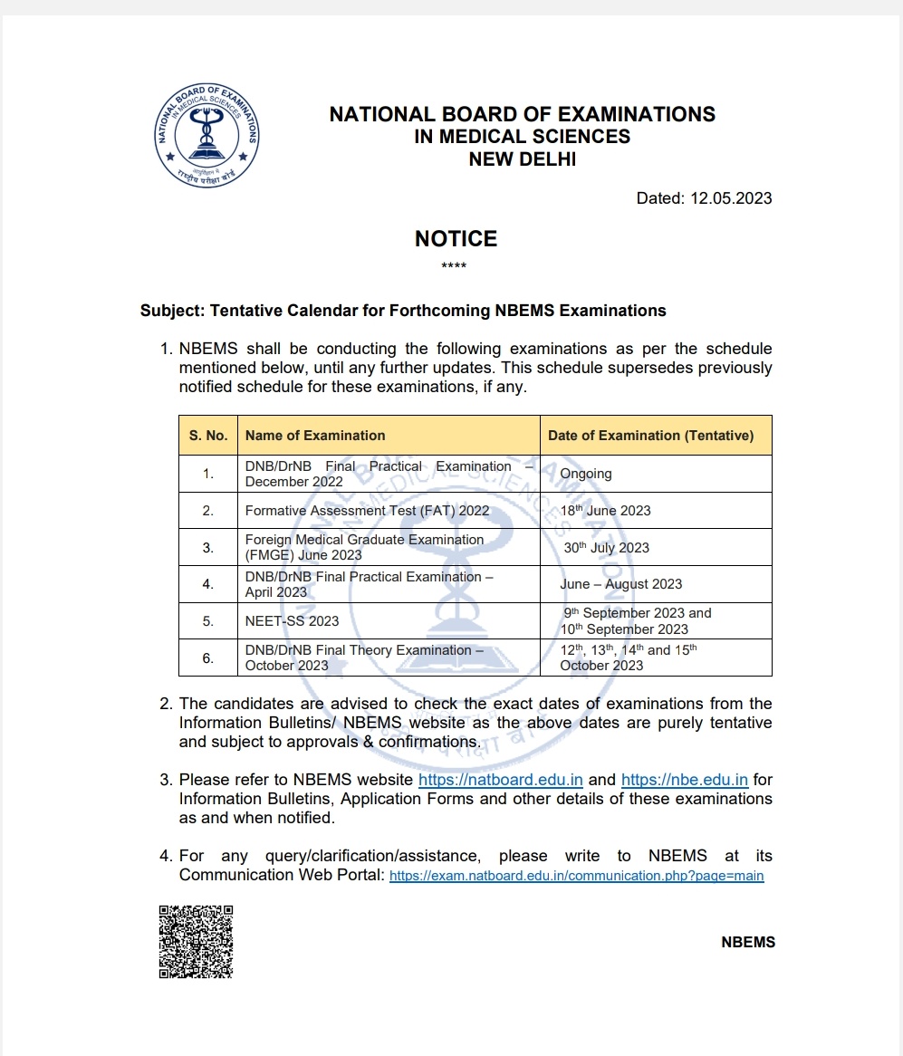 Tentative Calender for Forthcoming NBEMS Examinations.
All the Best.