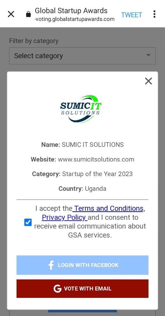 The OMEGA of public voting on the @AfricanGSAwards 2023 is on !

Here is the 🇺🇬 Uganda's Representative in the @EAfricaSAwards Region;

📌 Nominee:  Sumic IT Solutions @SumicUg

📌 Category: Startup Of The Year 2023

Voting Link 👉 bit.ly/3Bir2uv
#GSAwards
#GSAwards2023