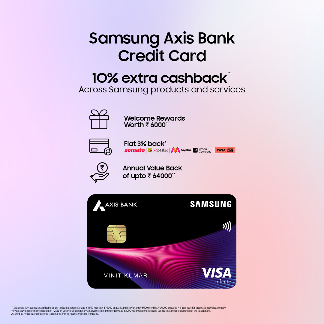 SamsungIndia's tweet photo. Presenting benefits that go infinite; welcome rewards of ₹ 6000, annual value back of up to ₹ 64000, and flat 3% back* on select partners. Apply now at https://t.co/T3s1i4Xg8n. *T&C apply. #TenTenTen #Get10withSamsung https://t.co/Kk3vLlYm9p