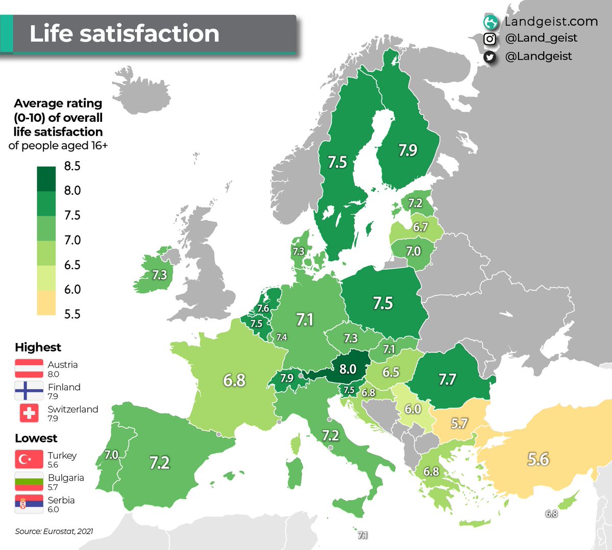 landgeist's tweet photo. How satisfied are people in #Europe on average with their lives?

Full article: https://t.co/cLcP0hLqw6

#maps #GIS #dataviz #GeoSpatial #Spatial https://t.co/nkmG0BmgYG