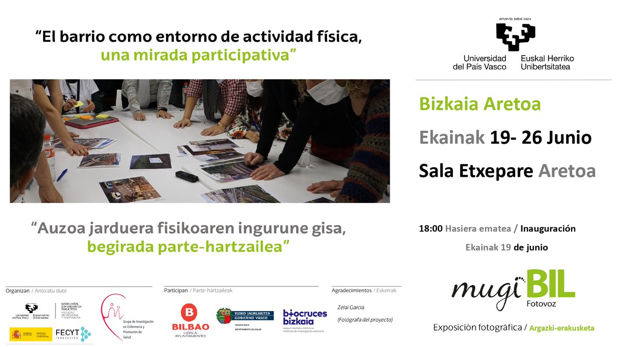 Exposición Fotográfica: "El barrio como entorno de actividad física, una mirada participativa"
Inauguración: 19 de junio, 18:00
Fecha: 19-26 junio 2023
Lugar: Sala Etxepare (Bizkaia Aretoa)

Lee más en nuestra web!

mibarriosaludable.com/exposicion-fot…