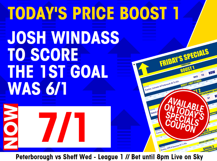 BetCentralBet's tweet image. ⚽ Peterborough v Sheff Wed
⏰ 8pm
📺 Sky

#PRICEBOOST
#Playoffs