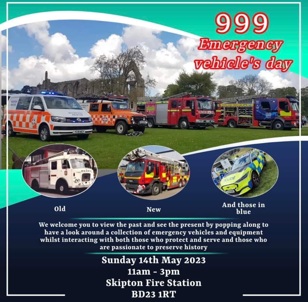 DONT FORGET
 🚓🚑 999 Emergency Service Vehicles Day 🚒🚒

This Sunday 14th May from 11am/ 3pm

Everyone is welcome to come and see our display of emergency response vehicles, past and present down at Skipton!!!

It would be great to you all there! ☺️