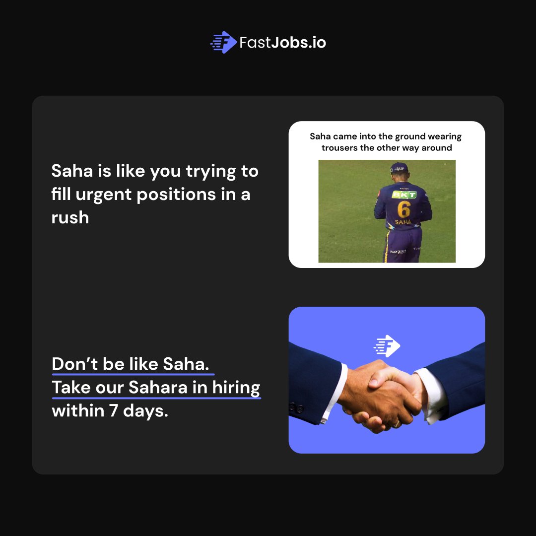 This is Saha.

Don't be like Saha.

Avoid hiring mishaps with FastJobs.
We take on the hiring hustle so that you do have to.

Check out our website to know more.

 #hiring #help #topical #ipl2023 #ipl #cricket