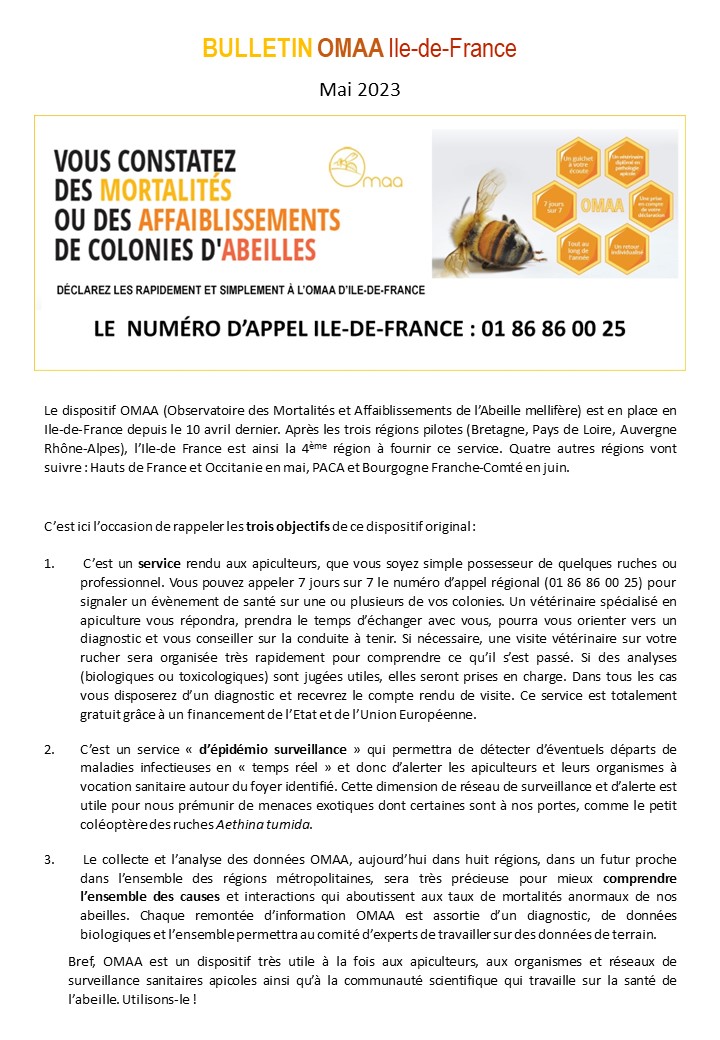 omaa_IdF's tweet photo. Le premier bulletin OMAA Ile-de-France est paru. Au menu un rappel des objectifs de ce dispositif singulier, réponses aux premières questions posées et inscription des Techniciens/ciennes intéressés. #abeilles #apiculture #omaa #santédesabeilles #TSA https://t.co/gkTIxRLaSw