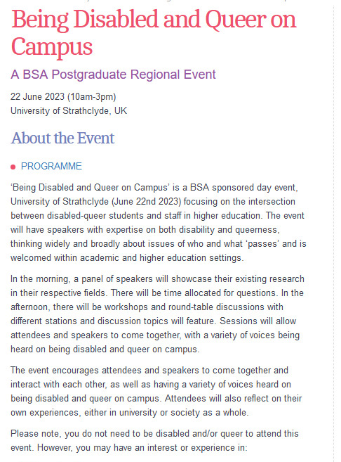 Book now for ‘Being Disabled and Queer on Campus’ a <a href="/BSAPGForum/">BSA PG Forum</a> event that focuses on the intersection between disabled-queer students and staff in higher education - 22 June, University of Strathclyde #Sociology   bit.ly/42pTcjc