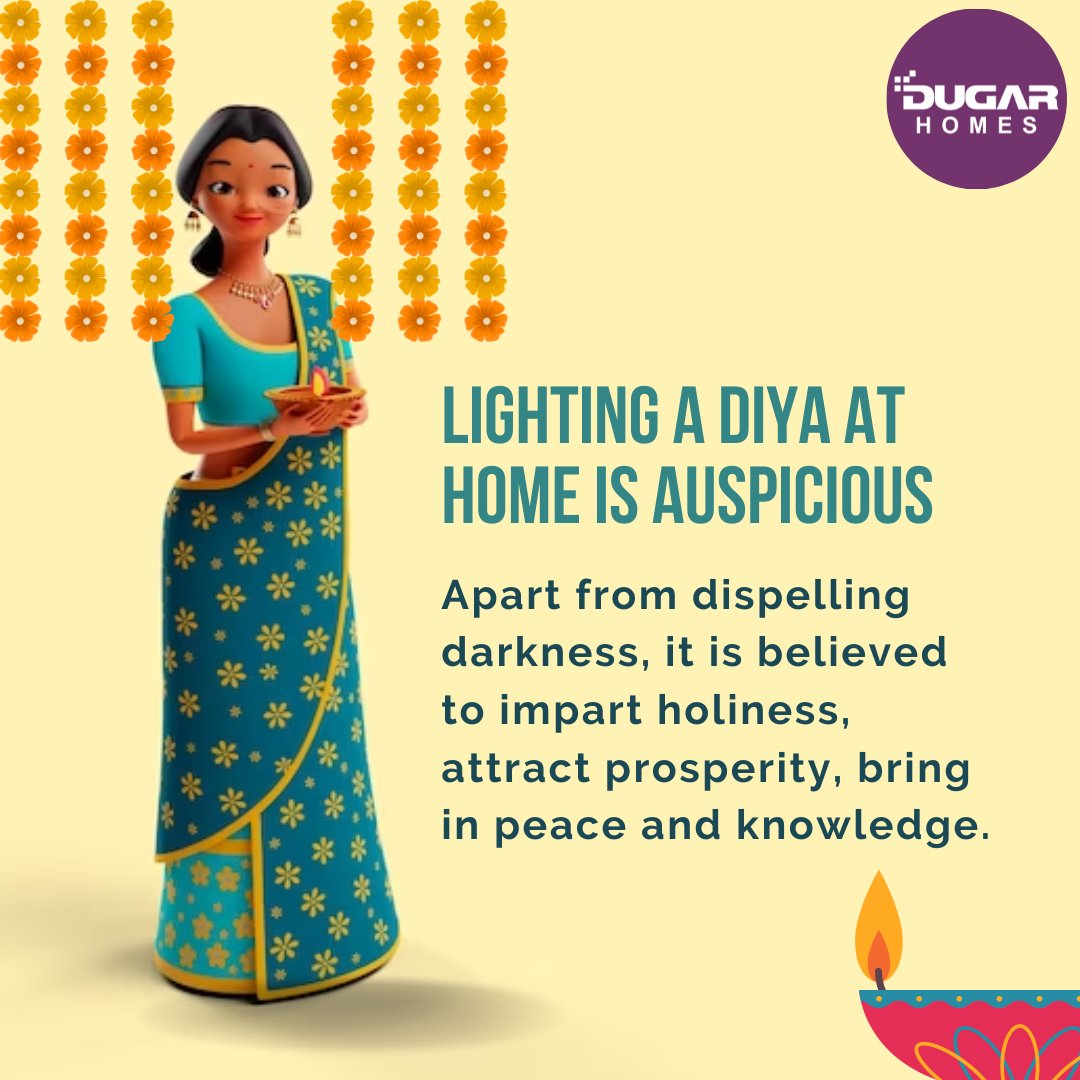 DugarCrm's tweet photo. LIGHTING A DIYA AT HOME IS AUSPICIOUS
Apart from dispelling darkness, it is believed to impart #holiness, attract #prosperity, bring in #peace and #knowledge.
#DugarHomes #Homeswithalittlemore #LightALamp #Aishwaryam https://t.co/hq9Qu6ezR0