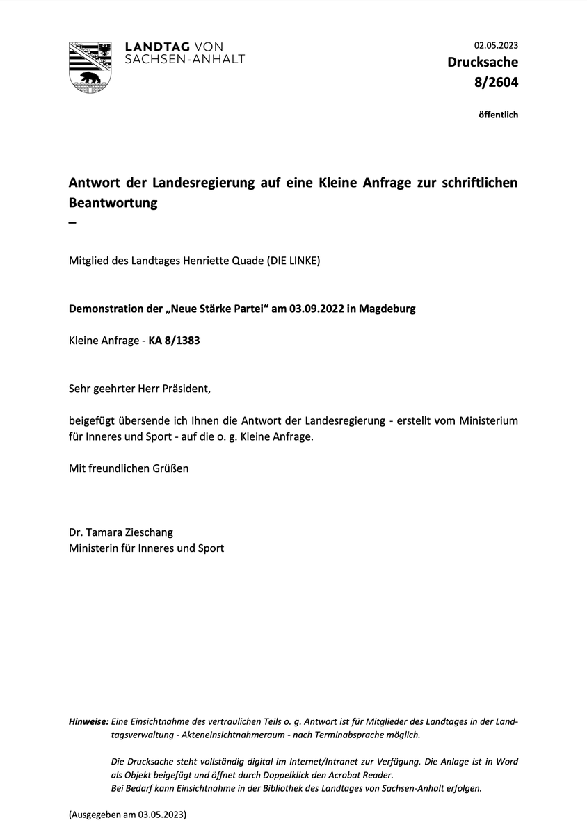 HenrietteQuade's tweet photo. Im September 2022 marschierte die "Neue Stärke Partei" in #Magdeburg auf #MD0309. Inzwischen liegen die Antworten der Landesregierung auf meine Kleine Anfrage dazu sowie zum Polizeieinsatz online vor. 

Drucksache: https://t.co/BTFcHyLr01 https://t.co/8aj8Ty6GGA
