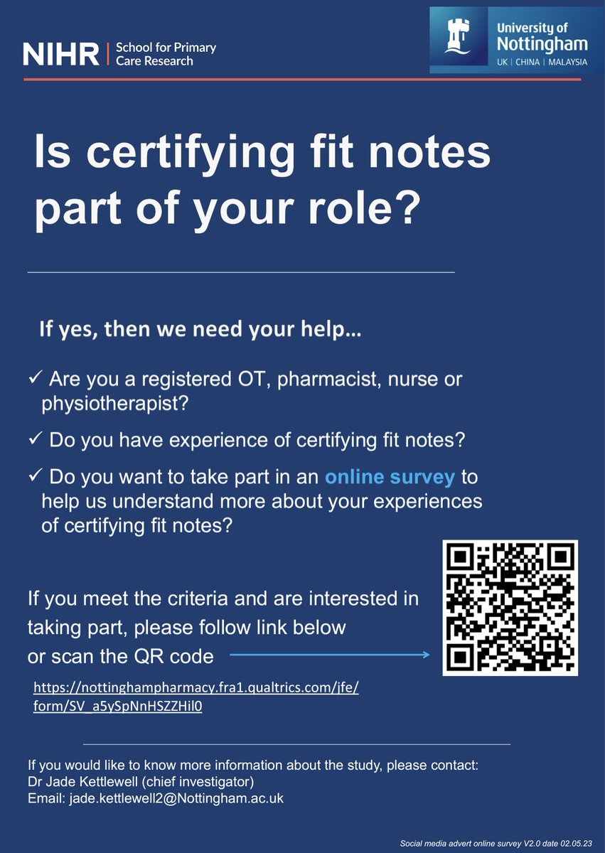 Dr Jade Kettlewell (@jade_kettlewell) on Twitter photo ๐๐ป Help needed for a new study exploring the certification of the #fitnote by #OTs #pharmacists #physiotherapists & #nurses
Do you have experience of completing fit notes? If so, please complete our survey ๐๐ผ๐๐ผ click the link and RT!
nottinghampharmacy.fra1.qualtrics.com/jfe/form/SV_a5โฆ
<a href="/NIHRSPCR/">NIHR School for Primary Care Research</a> ๐๐ป Help needed for a new study exploring the certification of the #fitnote by #OTs #pharmacists #physiotherapists & #nurses
Do you have experience of completing fit notes? If so, please complete our survey ๐๐ผ๐๐ผ click the link and RT!
nottinghampharmacy.fra1.qualtrics.com/jfe/form/SV_a5โฆ
<a href="/NIHRSPCR/">NIHR School for Primary Care Research</a>