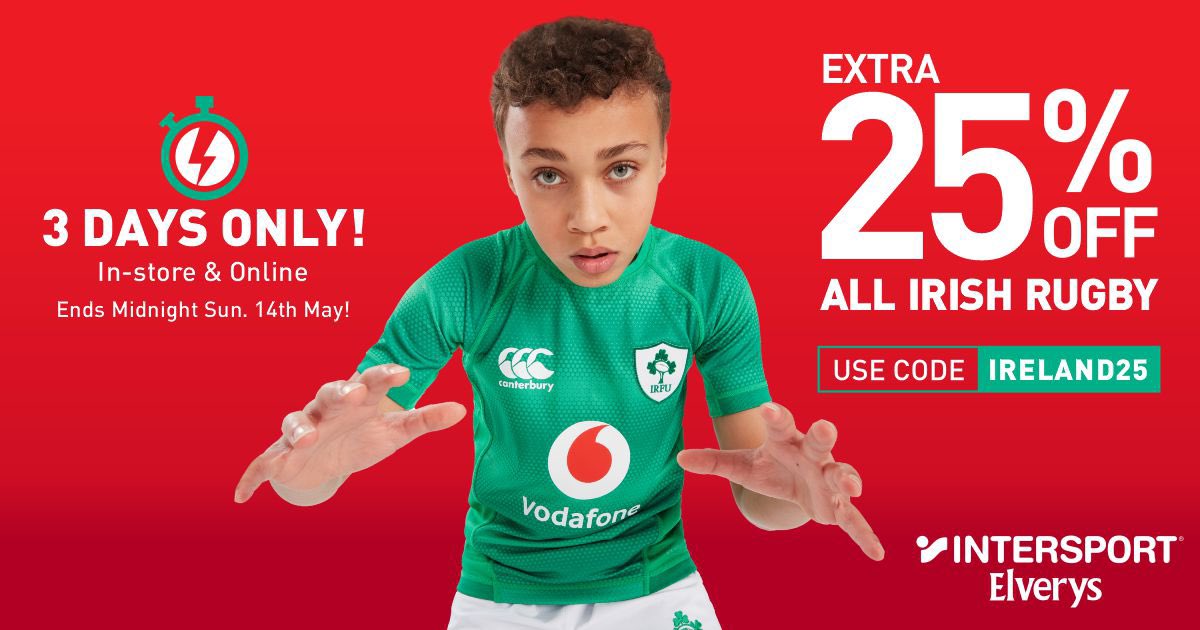 Irish Rugby Flash Sale is LIVE! Take an EXTRA 25% off ALL Irish Rugby, from jerseys to training ranges & everything in between - full price & sale items included. Use code IRELAND25 at checkout - GO! GO! GO! 🔗 bit.ly/44VK8nK