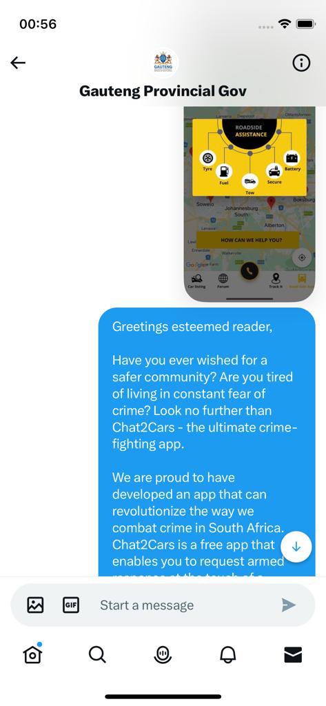 TWIZZTYER's tweet photo. @Lesufi A few days ago, Chat2cars reached out to the government @GautengProvince  via Twitter, expressing our excitement about developing an app to aid in the fight against crime in South Africa, inspired by the outstanding efforts of the premier @Lesufi  . https://t.co/PxKaoc3dhm