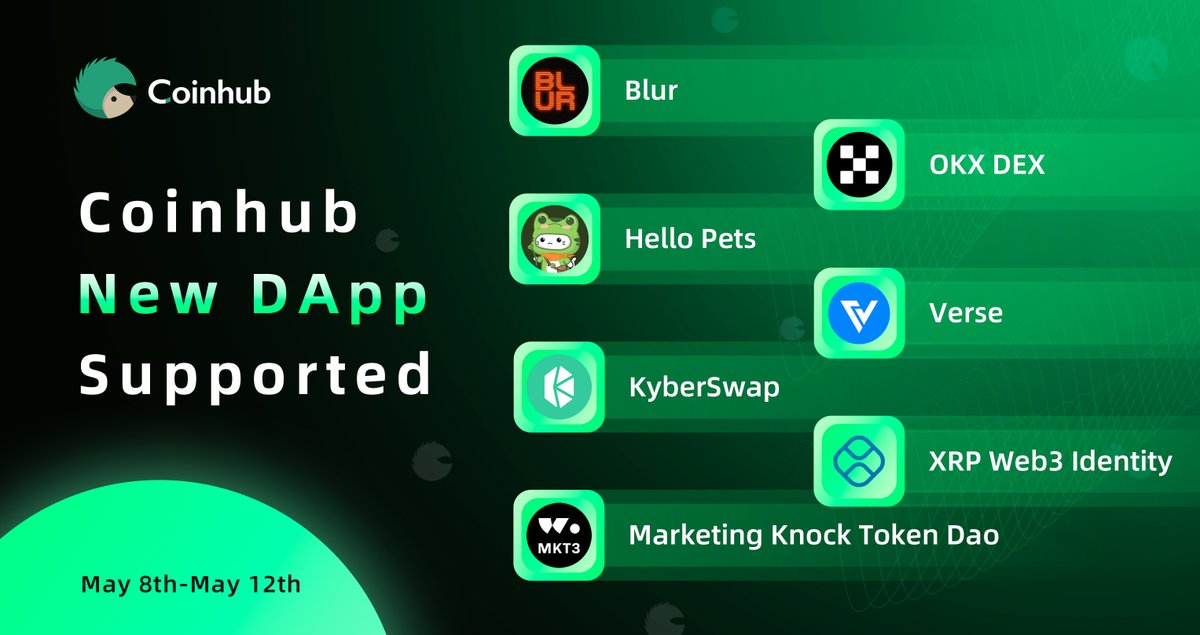 May 8th - May 12th: New DApps supported on #Coinhub Coinhub is a user-friendly multi-chain wallet. 📥coinhub.org @xrpdomain @BitcoinCom @okxweb3 @KyberNetwork @blur_io @MKT3DAO @HelloPetsLabs #memecoin #DaoSpace #domain #OKX #Swap #Web3 #DEX