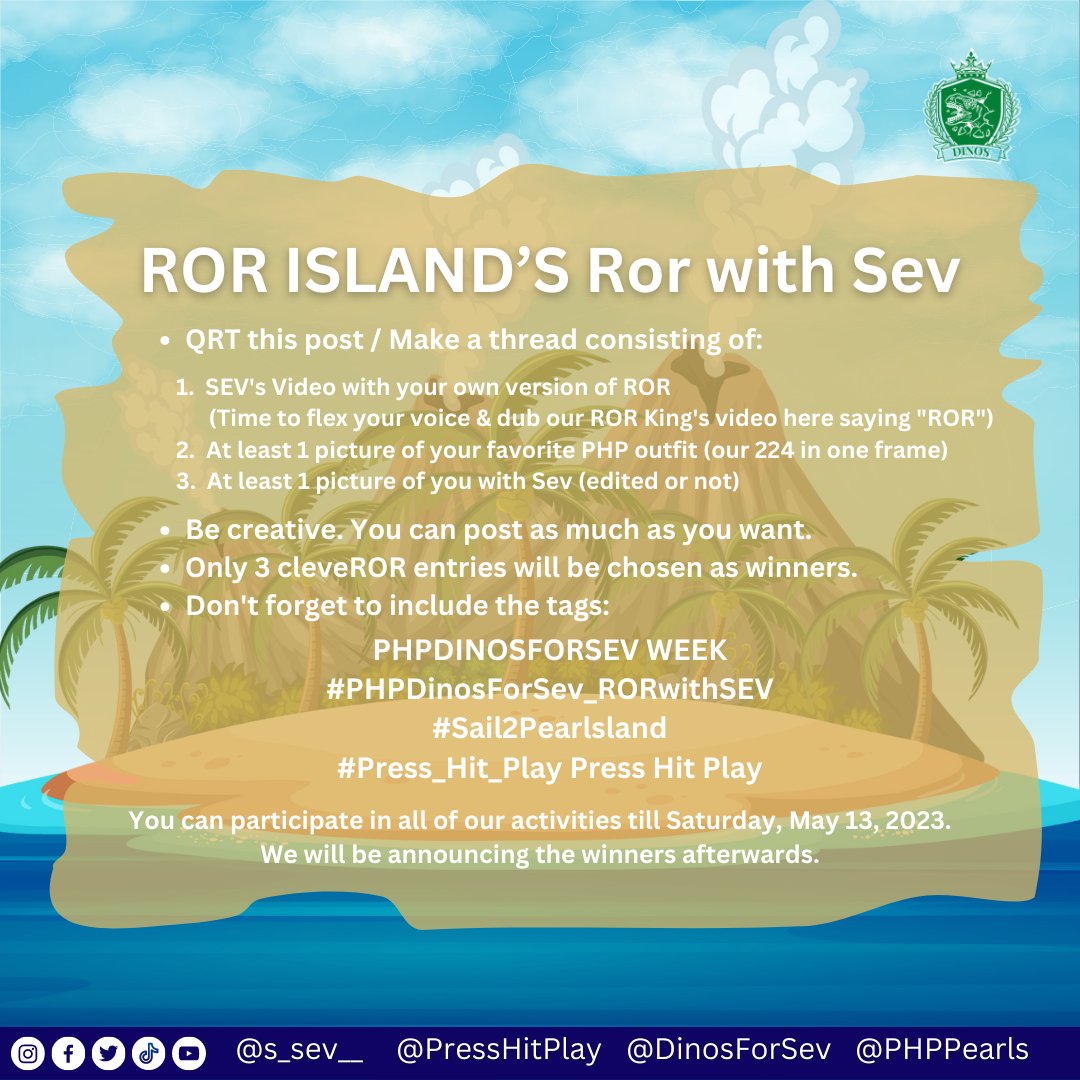 DinosForSEV's tweet photo. [Sail 2 Pearlsland 🏝️]

Sure you're all excited to ROR with the King!! So what are you waiting for? Follow the mechanics, give your best shot and ROR with us!! 😍😍

PHPDINOSFORSEV WEEK
#PHPDinosForSev_RORwithSEV
#Sail2Pearlsland
#Press_Hit_Play @PressHitPlay https://t.co/vexhKzpRmH