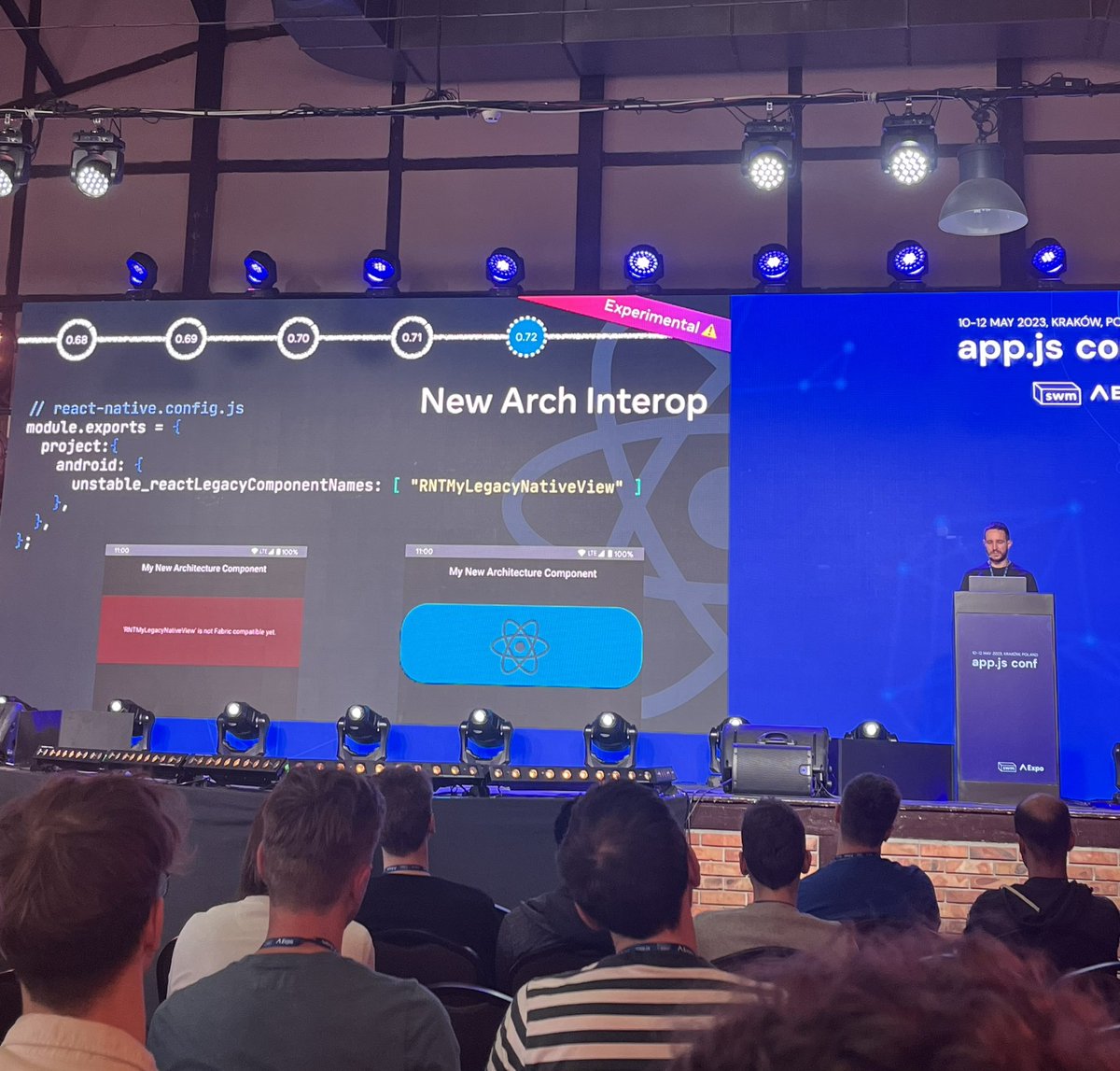 Incoming in #reactnative 0.72:

Support of the old architecture on the top of the new arch for the parts of our apps that rely on libs that are not migrated yet

It means we won’t have this red banner anymore

Awesome! Thanks @cortinico for all those insights! 
#appjsconf2023