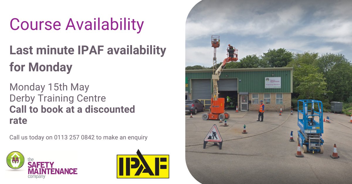 Discounted IPAF course in Derby on Monday 15th May
Due to a cancellation, we have spaces available on our IPAF course at our Derby training centre on Monday 15th May. Call the office on 0113 2570842 to book at a discounted rate.
#ipaf #healthandsafetytraining #midlands #derby