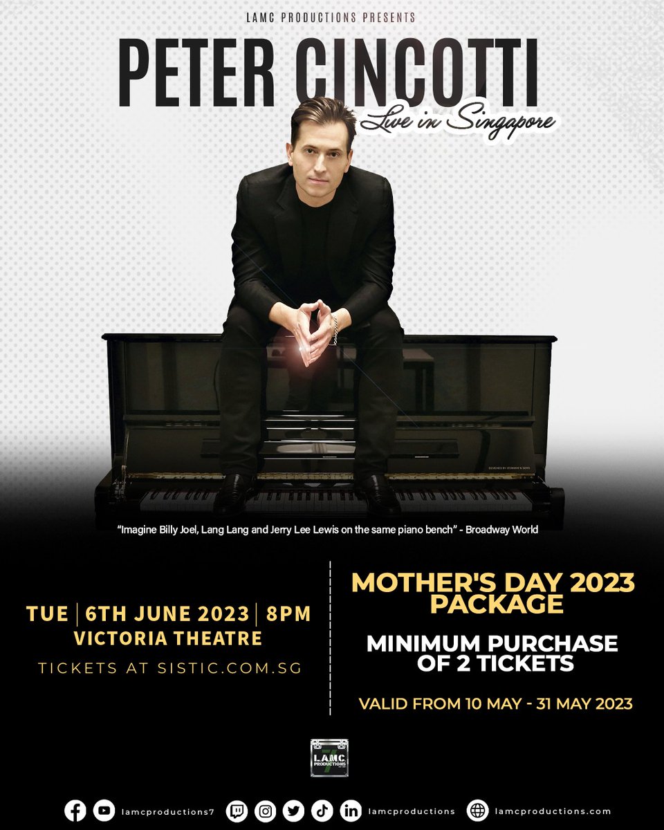 Watching the show with your loved ones? Avail of our Mother's Day Promo! Get 15% off 2 or more tickets purchased from May 10th to May 31st 2023 midnight. Wouldn't it be nice to see Peter Cincotti live with the fam? :)
Tickets: sistic.com.sg/events/Cincott…