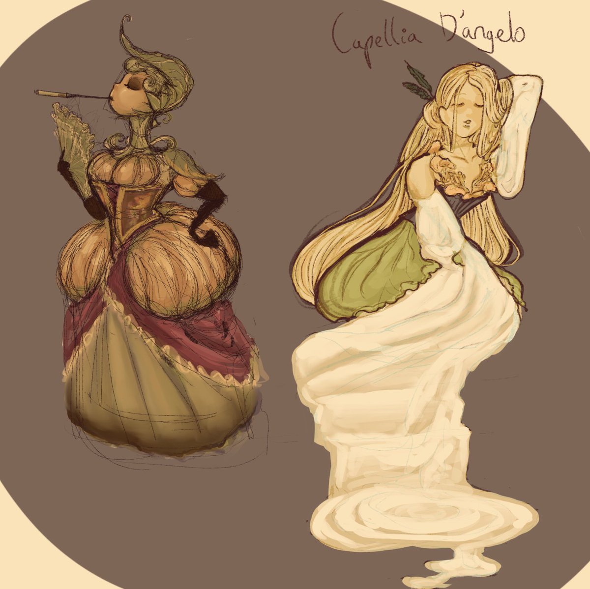 pulpflick's tweet photo. in honour of the #raveningwar debut I've made a couple of Calorum OCs haha. Are they sapphic? Maybe...👀

The butternut pumpkin madam has yet to be named, suggestions welcome! https://t.co/KPA7GcHRIB