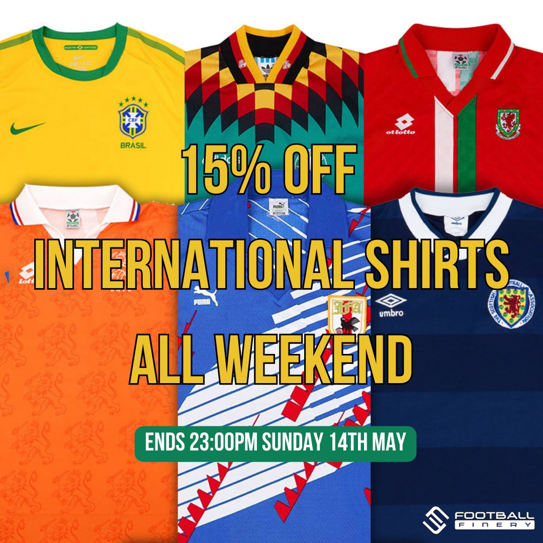 footballfinery's tweet image. WEEKEND OFFER - 15% OFF ALL INTERNATIONAL SHIRTS

DISCOUNT AUTOMATICALLY APPLIED AT CHECK-OUT

STARTS NOW.  ENDS 23:00 on SUNDAY 14th MAY.

#internationalfootballshirts #weekendoffer #footballshirtcollector #classicfootballshirts #vintagefootballshirts #footballshirtsforsale