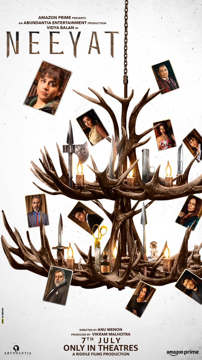 DaneshRazvi's tweet photo. 1 murder, many motives. 
#Neeyat releases on 7th July 2023 only in theatres
@vidya_balan @anumenon1805 @Abundantia_Ent @vikramix @PrimeVideoIN @RamKapoor @RahulBose1 @NeerajKabi1 @shahanagoswami #AmritaPuri @Dipannitasharma #NikiWalia @ShashankSArora @iamMostlySane  @madhav_deval https://t.co/kBfMVQEAjb