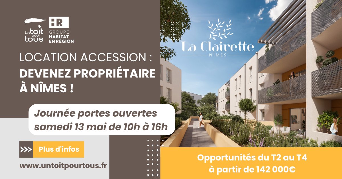 Devenez propriétaire d'un logement neuf, à Nîmes, grâce au PSLA ! Rdv samedi 13 mai au 39 Parc Delta, D6113 à Bouillargues. Sur place, un conseiller financier vous aidera à trouver les solutions adaptées à vos besoins et vos envies ! Plus d'infos : untoitpourtous.fr