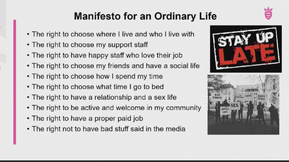 TT_Therapy's tweet photo. Brilliant manifesto from @StayUpLateUK shared at @BILD_tweets International PBS conference. It outlines an 'ordinary life' which is often not afforded to man people with learning disabilities https://t.co/BIEYMXiS8R