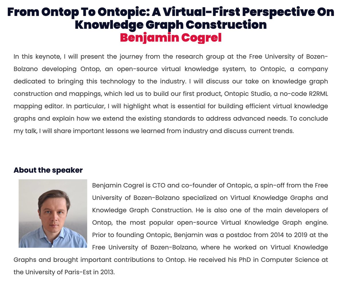KGC Workshop (Inactive account) (@kgc_workshop) on Twitter photo Only 16 days until the #KGCW <a href="/eswc_conf/">ESWC Conferences</a>! ⏳📅
We are delighted to have as keynote <a href="/bcogrel/">Benjamin Cogrel</a>, CTO and co-founder of <a href="/ontopicvkg/">ontopic</a>. He will be sharing his experience with the Ontopic Studio on the construction of efficient virtual knowledge graphs for solving real-world challenges. Only 16 days until the #KGCW <a href="/eswc_conf/">ESWC Conferences</a>! ⏳📅
We are delighted to have as keynote <a href="/bcogrel/">Benjamin Cogrel</a>, CTO and co-founder of <a href="/ontopicvkg/">ontopic</a>. He will be sharing his experience with the Ontopic Studio on the construction of efficient virtual knowledge graphs for solving real-world challenges.